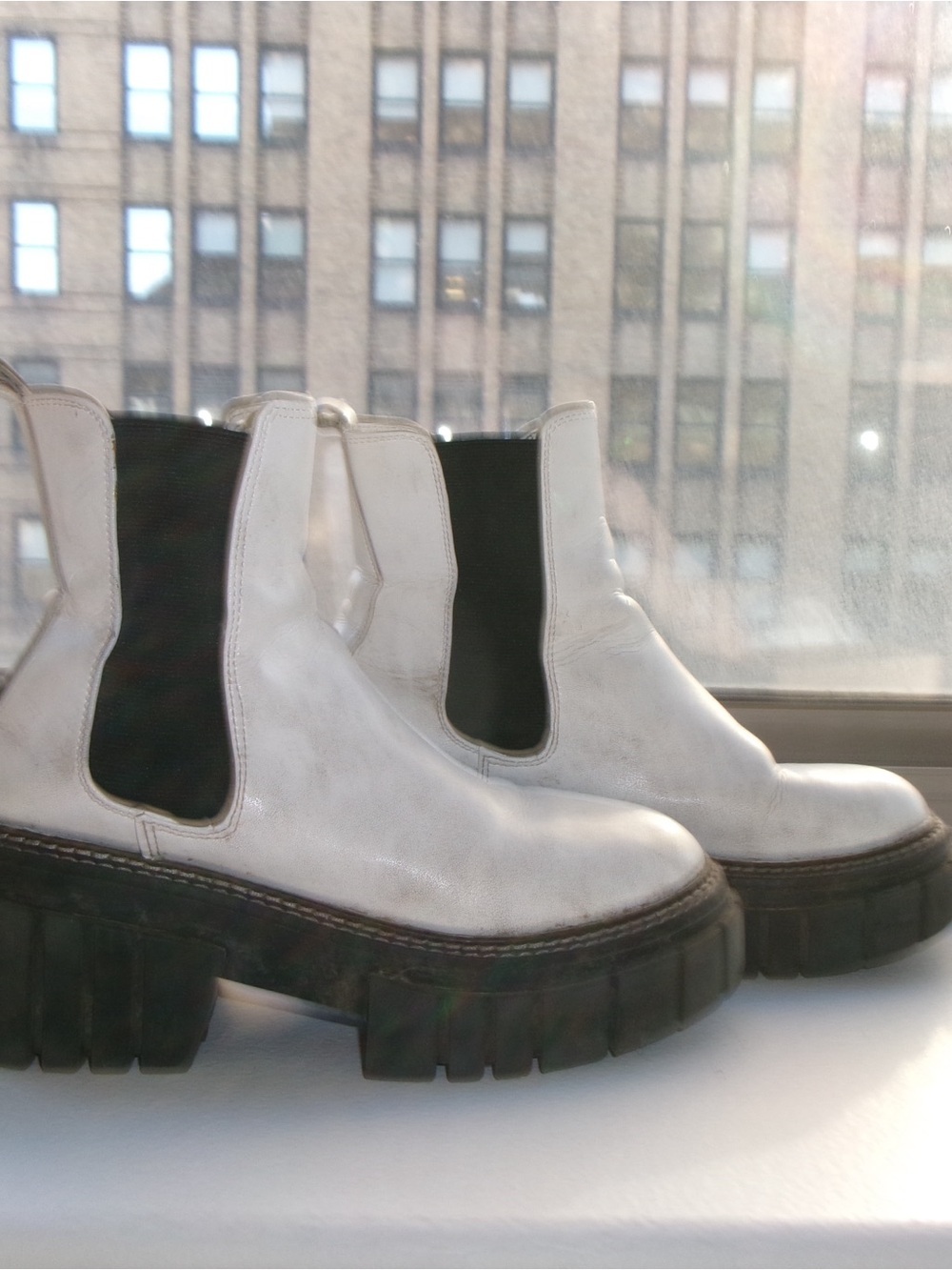 White Platform Chelsea Boots with Black Elastic Panels - Picture 3 of 6